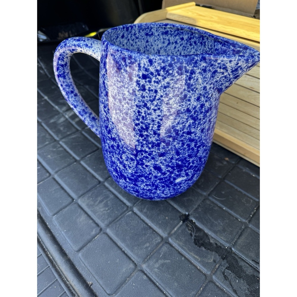 Vintage Spongeware Spatterware Blue and White Pitcher with Handle